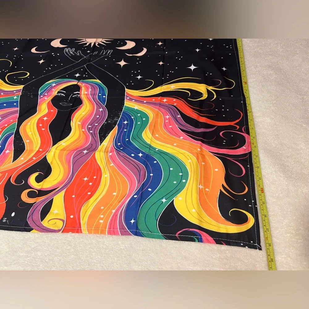 Rainbow Goddess moon phases sun solar tapestry she her flowing hair star moon